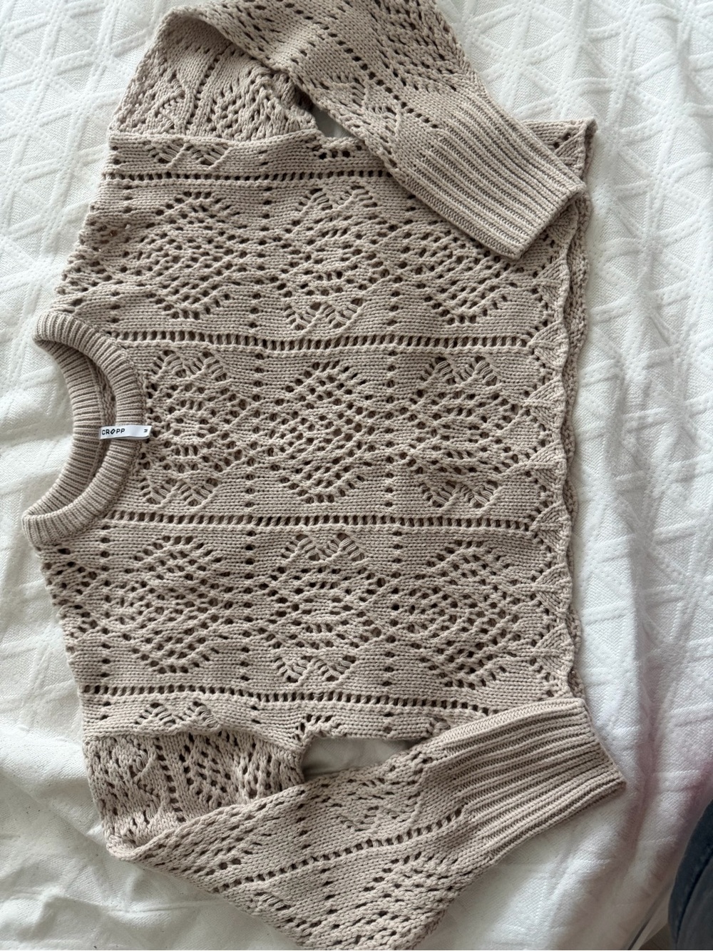 Beige Open-Knit Crewneck Sweater
